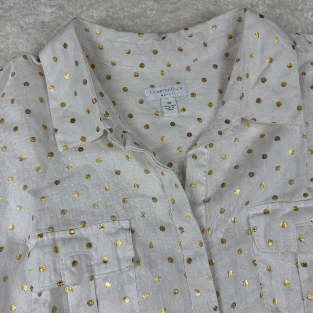 Charter Club Button Down Shirt 3X White Gold Polka Dot 100% Roll Tab Long Sleeve